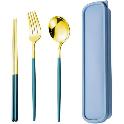 Fly World 3 Pcs Premium Gold Stainless Steel Fork Spoon Chopsticks, Portable Utensils with Box, Travel Camping Cutlery Set, Stainless Steel Flatware Set (Blue)