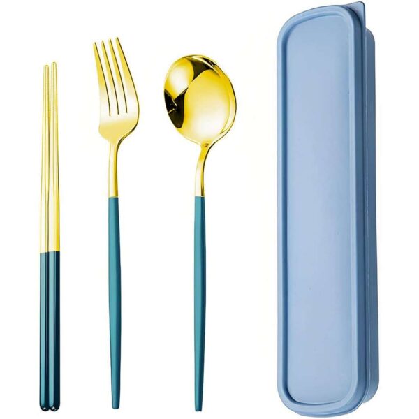 Fly World 3 Pcs Premium Gold Stainless Steel Fork Spoon Chopsticks, Portable Utensils with Box, Travel Camping Cutlery Set, Stainless Steel Flatware Set (Blue)