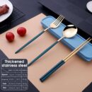 Fly World 3 Pcs Premium Gold Stainless Steel Fork Spoon Chopsticks, Portable Utensils with Box, Travel Camping Cutlery Set, Stainless Steel Flatware Set (Blue)