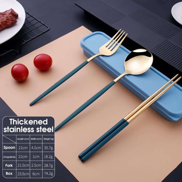 Fly World 3 Pcs Premium Gold Stainless Steel Fork Spoon Chopsticks, Portable Utensils with Box, Travel Camping Cutlery Set, Stainless Steel Flatware Set (Blue) - Image 3