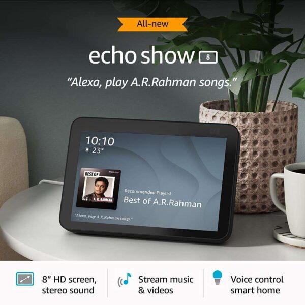 Echo Show 8 (2nd Gen, 2021 release)- Smart speaker with 8" HD screen, stereo sound & hands-free entertainment with Alexa (Black) - Image 4