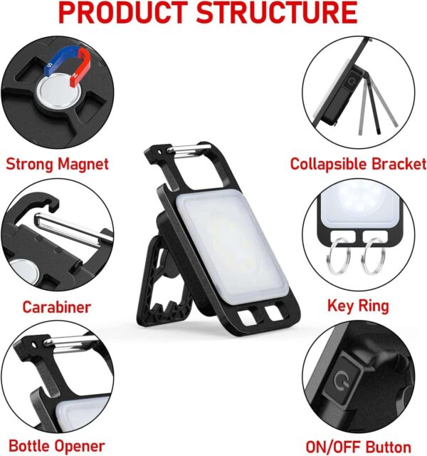 Flyworld Mini Keychain Torch cob Rechargeable Light Keychain Emergency Lights Rechargeable led Keychain Light with Bottle Opener Keychain with 4 Modes cob Keychain Light (Square) - Image 2