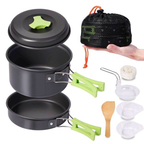 Flyworld 8 Pcs Camping Cooking Set，Camping Accessories for Outdoor，Camping Utensils with Carry Bag，Camping Bowl Pot Pan Set